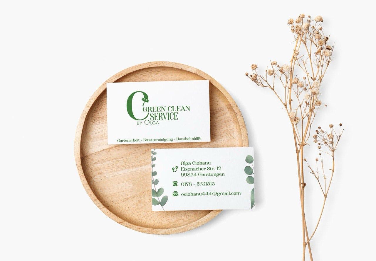 Visitenkarte von Green Clean Service by Olga auf dekorativem Hintergrund